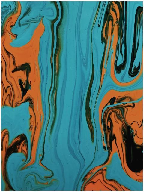 Colorful abstract painting with fluid orange and b