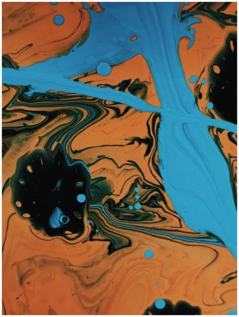 Dynamic abstract artwork featuring blue and orange