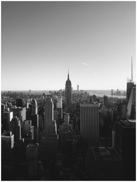 Black and white aerial view of New York City skyli