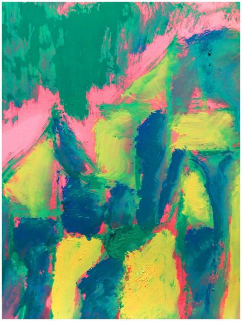 Dynamic abstract painting featuring bold pink, gre
