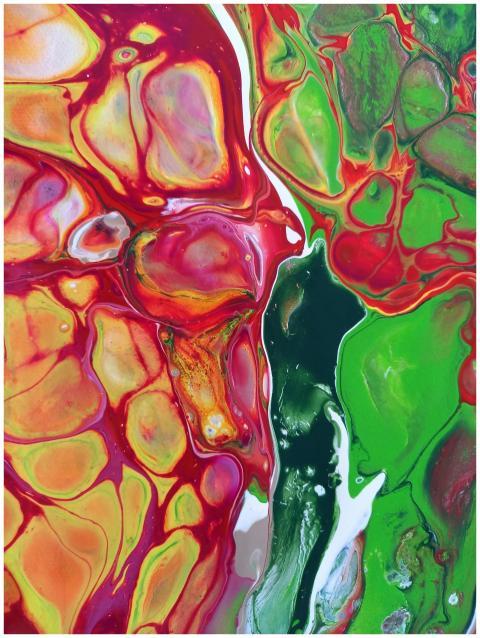 Dynamic abstract acrylic painting featuring vivid