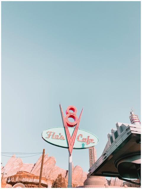 Low angle shot of the iconic Flo's V8 Cafe sign un