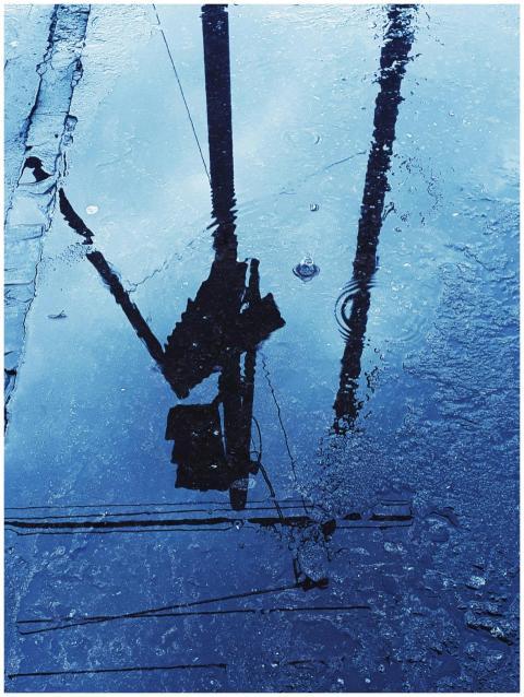 Street scene reflecting traffic light in a puddle