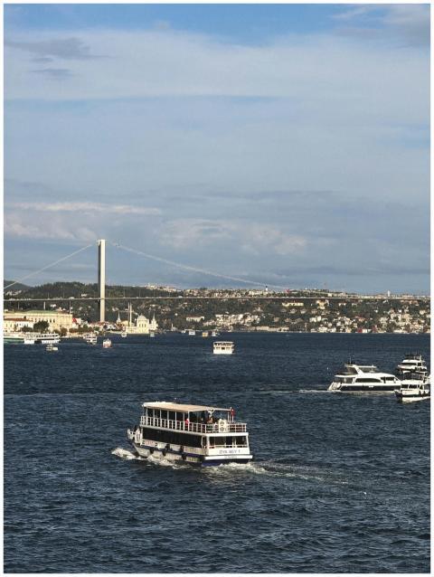 View of the Bosphorus Bridge with boats sailing in