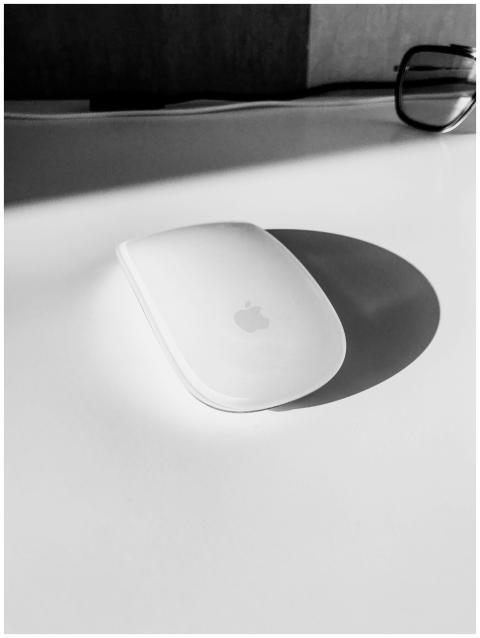 Close-up shot of a sleek white computer mouse on a