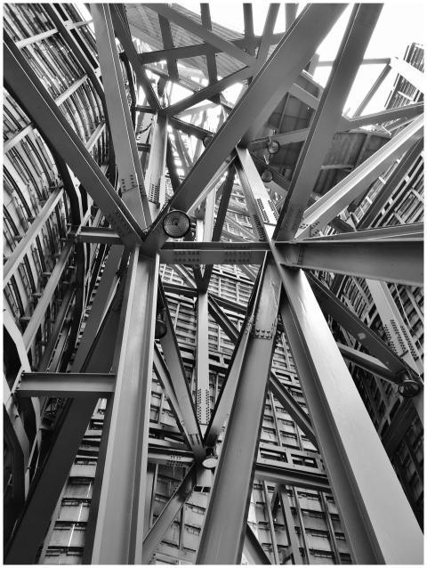 A detailed view of a complex steel framework showc