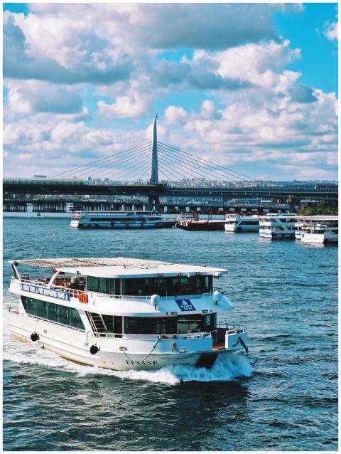A vibrant scene of a passenger boat navigating the