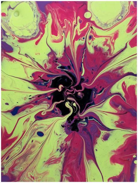 Dynamic, colorful abstract acrylic painting with f