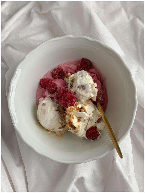 A tempting bowl of raspberry and vanilla ice cream