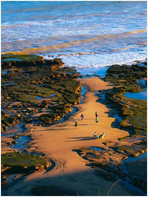 A scenic aerial view captures people walking on a