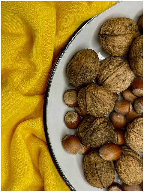 A close-up image of walnuts and hazelnuts on a whi