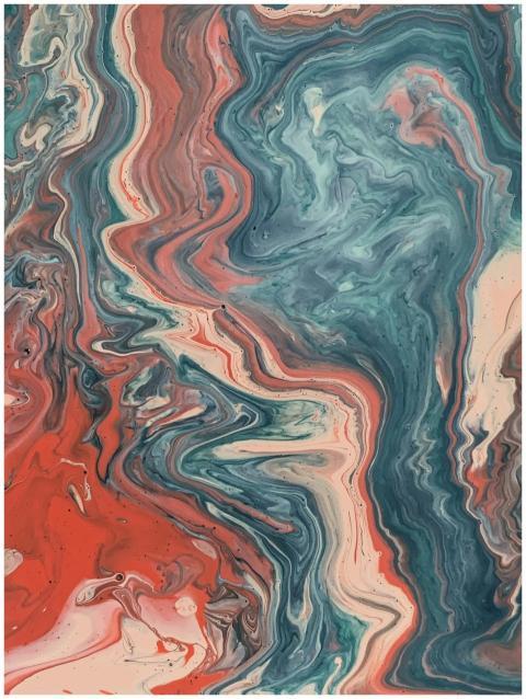 A dynamic abstract painting featuring vibrant flui