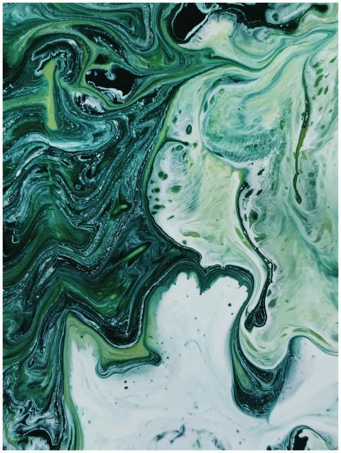 Dynamic green and white abstract painting with flu