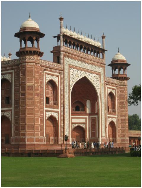 The ornamented Great Gate of the Taj Mahal in Agra