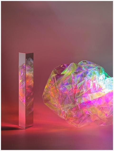 Colorful abstract art piece with holographic film