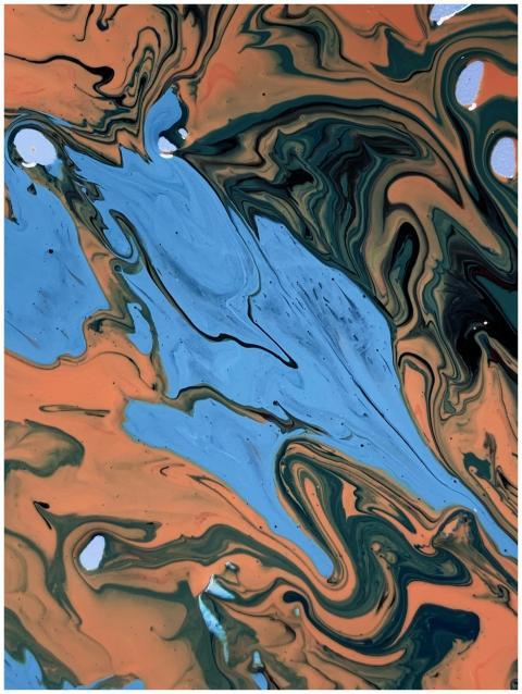 Dynamic fluid art piece with swirling blue and bro