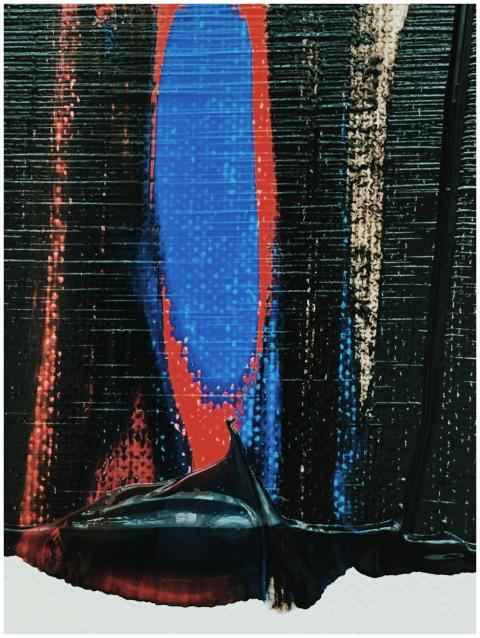 Dynamic abstract painting featuring bold red and b