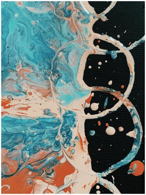 Dynamic abstract art blending blue and orange acry