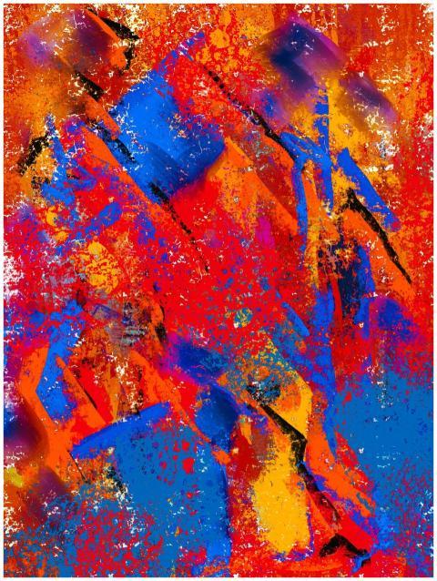 Dynamic abstract painting with vivid reds, blues,