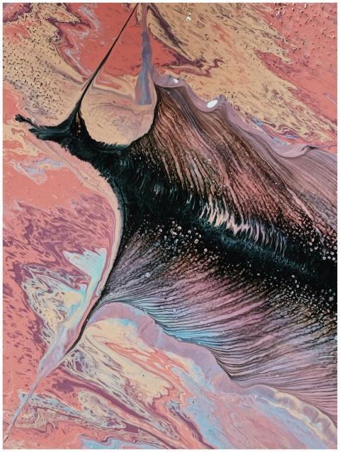 Vivid abstract marbling art with pink, black, and