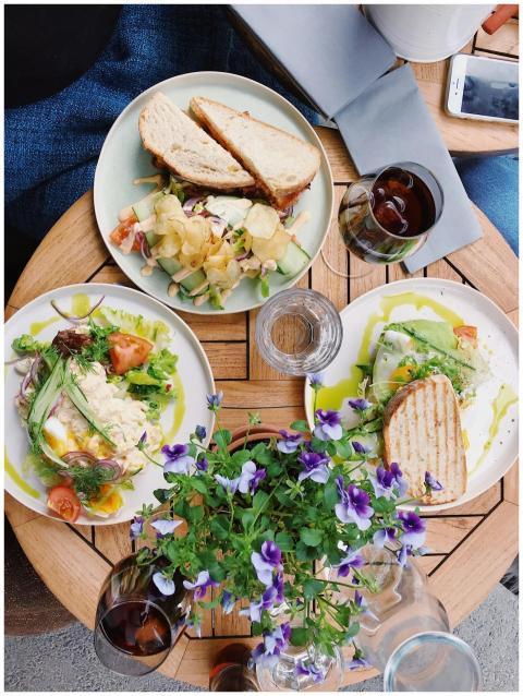 Overhead view of a tasty lunch with sandwiches, sa