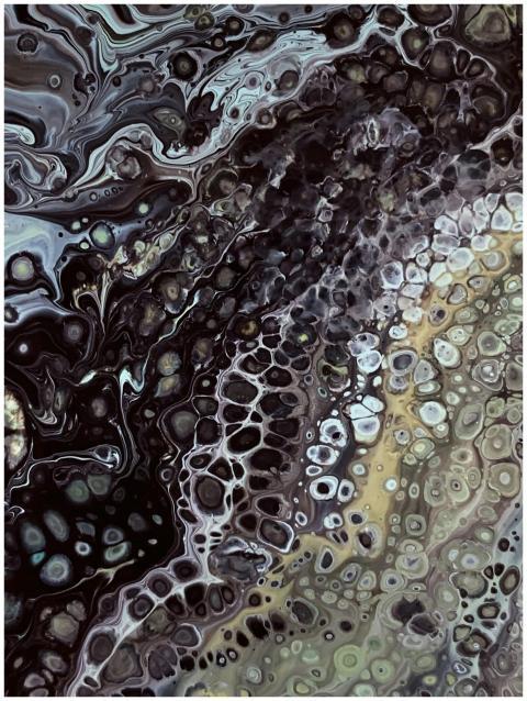 Fluid art piece featuring intricate dark and light