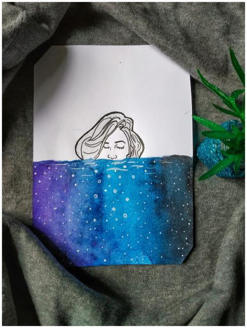 A creative watercolor and ink portrait with blue h