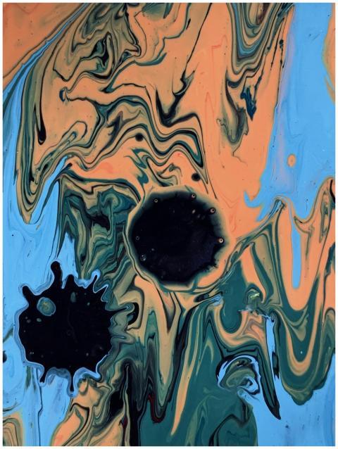 Dynamic fluid art piece in blue and orange with bl