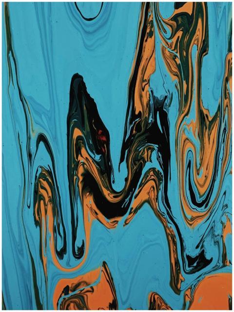 Vibrant abstract fluid art blending blue and orang