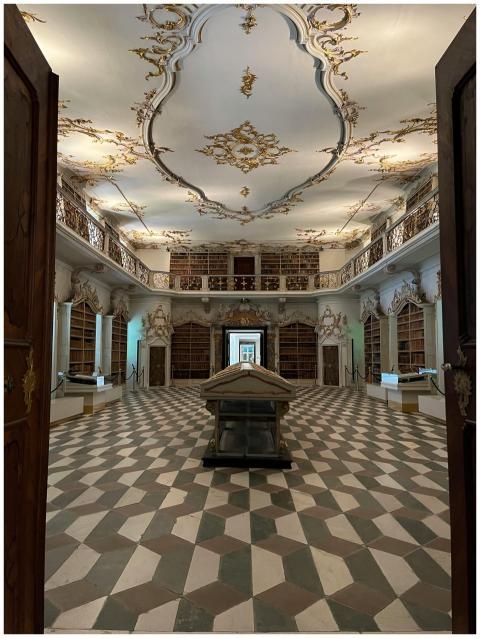 Stunning Baroque library interior with ornate ceil