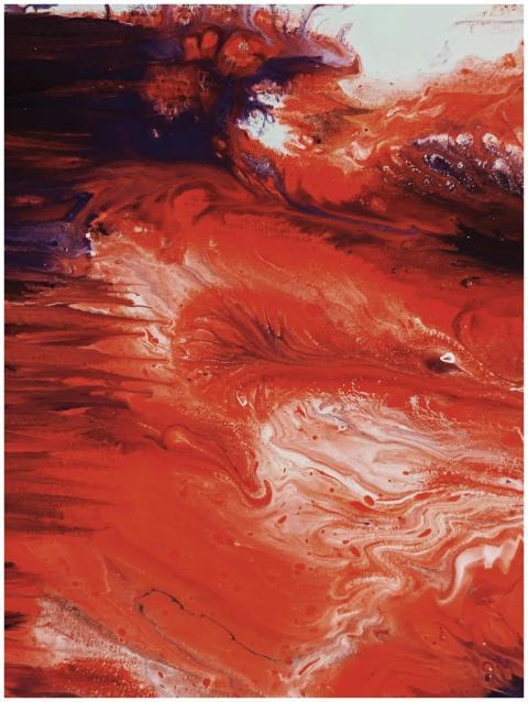 Dynamic abstract art piece featuring vibrant red a
