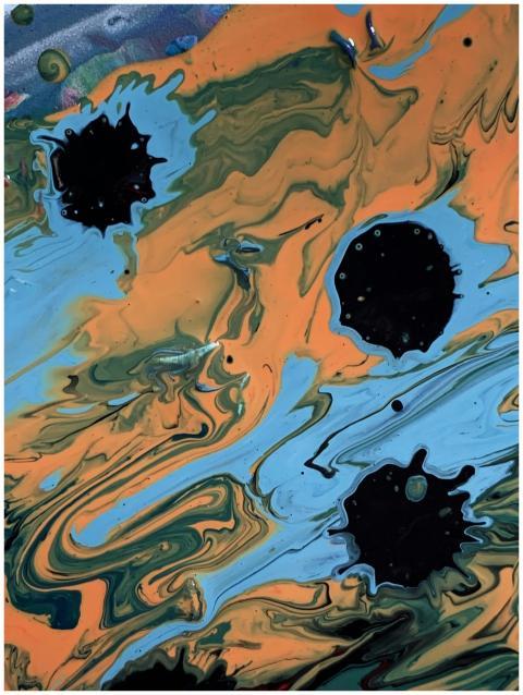 Vibrant abstract painting with swirling colors and