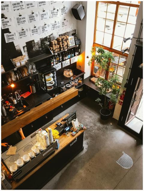 High angle view of a modern coffee shop interior w