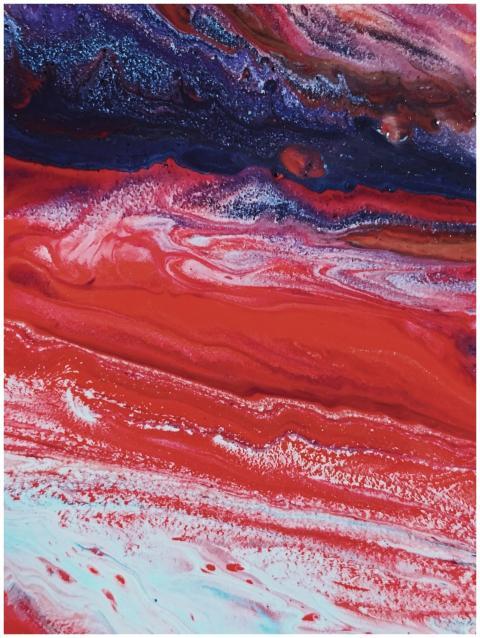 Dynamic abstract art piece with vivid reds and blu