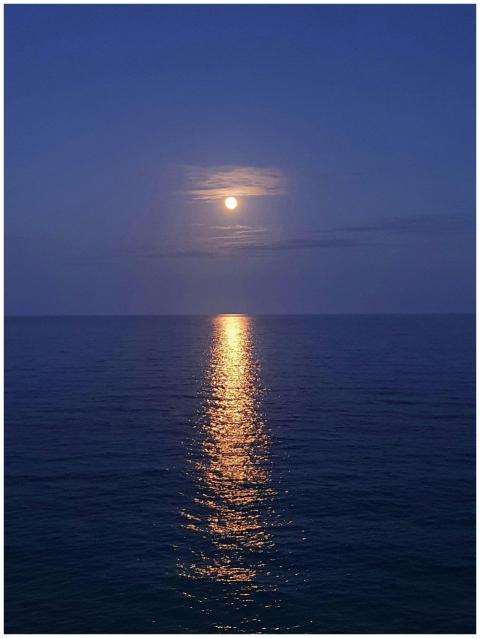 Serene ocean view with full moon reflection at nig