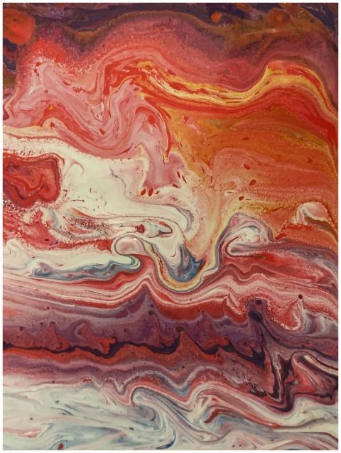Dynamic abstract painting featuring swirling red a