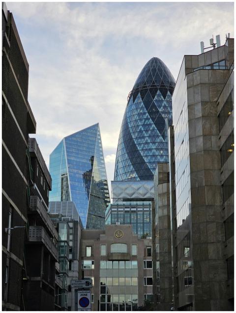 The iconic Gherkin and modern skyscrapers define L