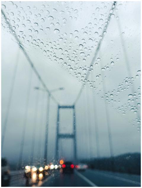 Raindrops on a window with Istanbul's Bosphorus Br