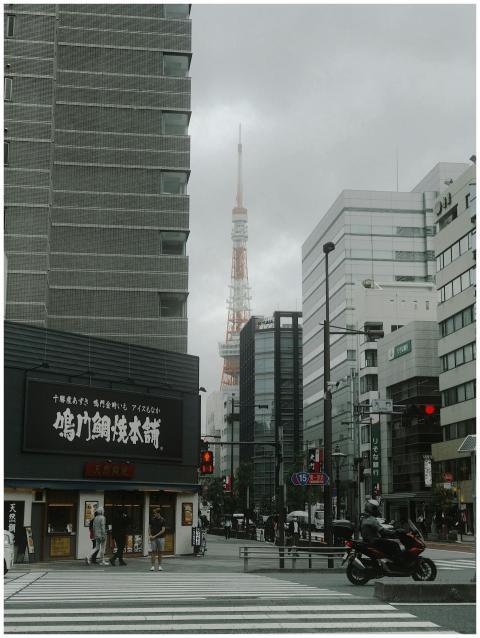 View of Tokyo Tower from the streets of Minato, ca