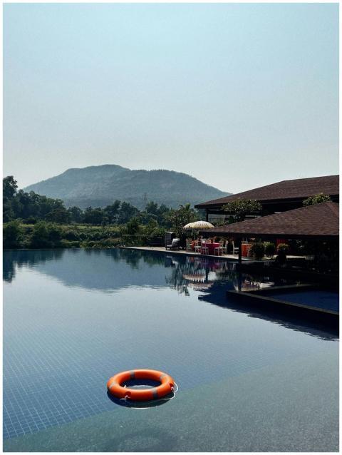 Serene Poolside Mountain Background