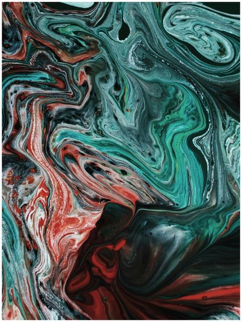 A vibrant abstract painting featuring swirling pat