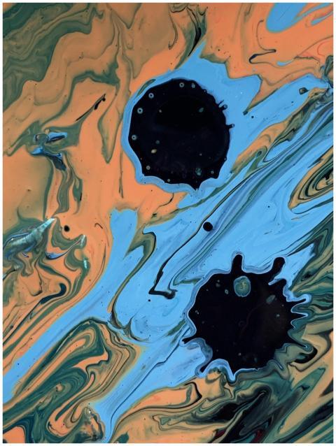 Dynamic abstract fluid art with vibrant blue, oran