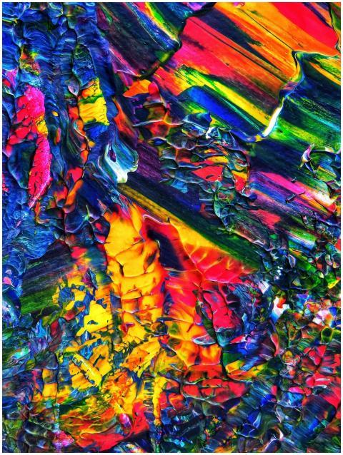 Colorful abstract acrylic painting with vivid text