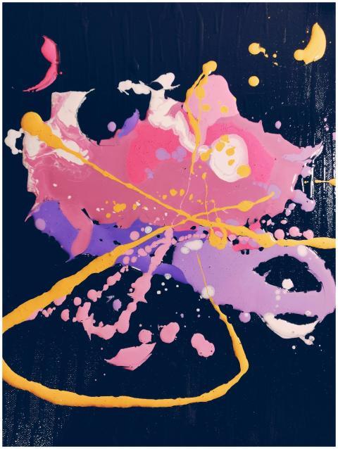 A colorful, vibrant abstract painting with splatte