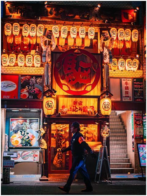 A lively exterior of a Japanese restaurant in Toky