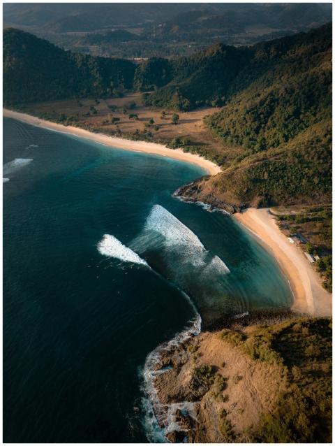 Stunning aerial view of a serene beach and lush hi