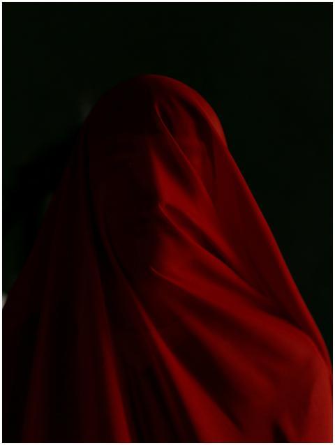 A striking portrait of a person shrouded in red fa