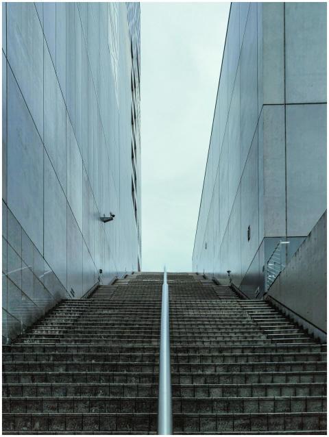 Concrete stairway between skyscrapers in Tokyo, ca