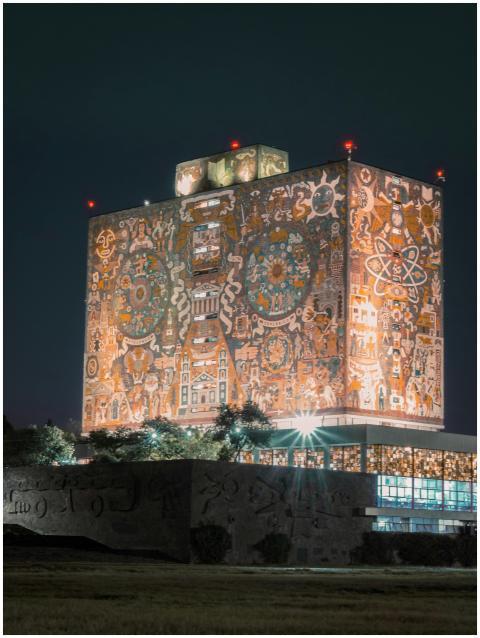 Stunning night view of UNAM library in Mexico City