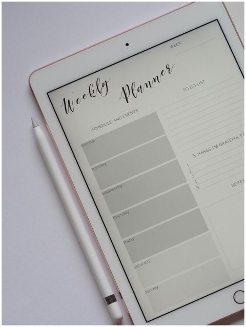 Close-up of a digital weekly planner displayed on